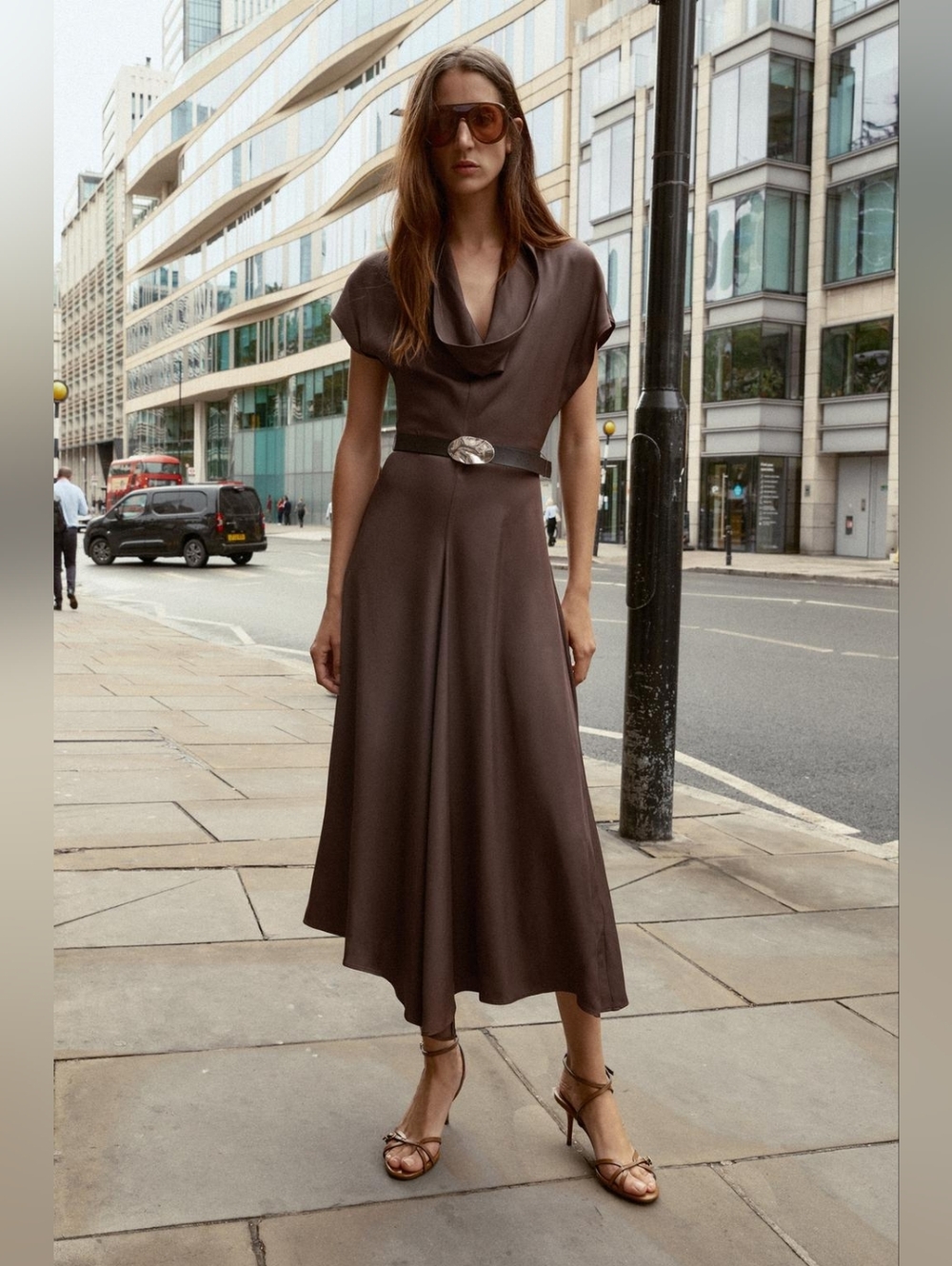 Zara Draped Cowl Neckline Brown Midi Dress